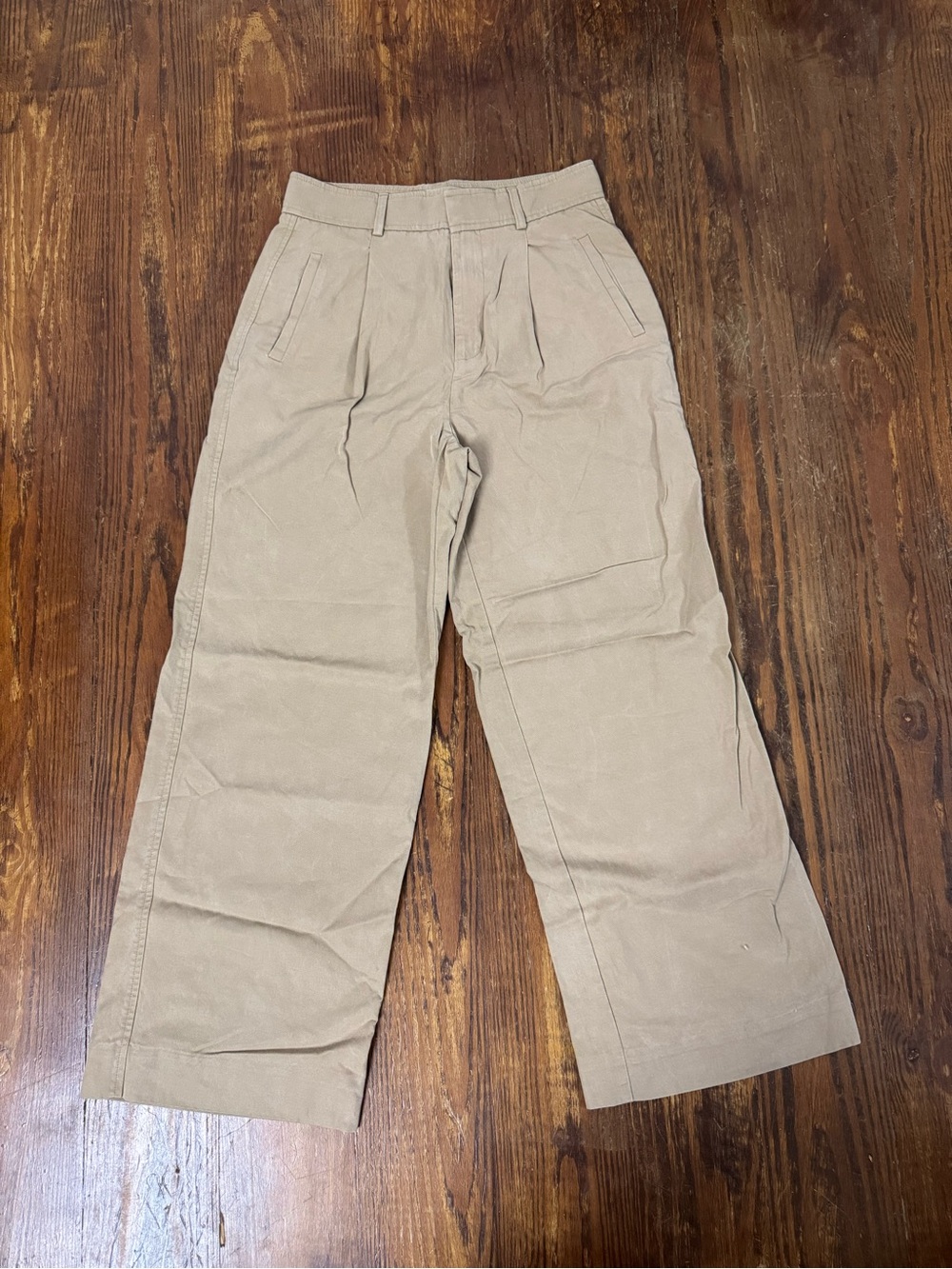Everlane Wide-Leg Trousers khaki Light Tan Pleats High Rise 4 Petite Short